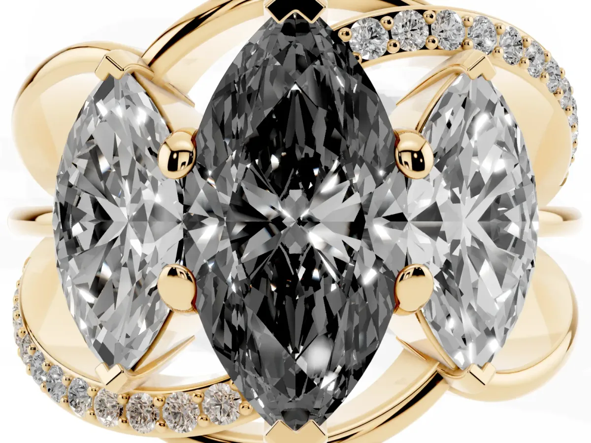 Fancy Black Three-Stone Marquise Cut Cut Diamond Split Shank Prong Set Ring Yellow gold