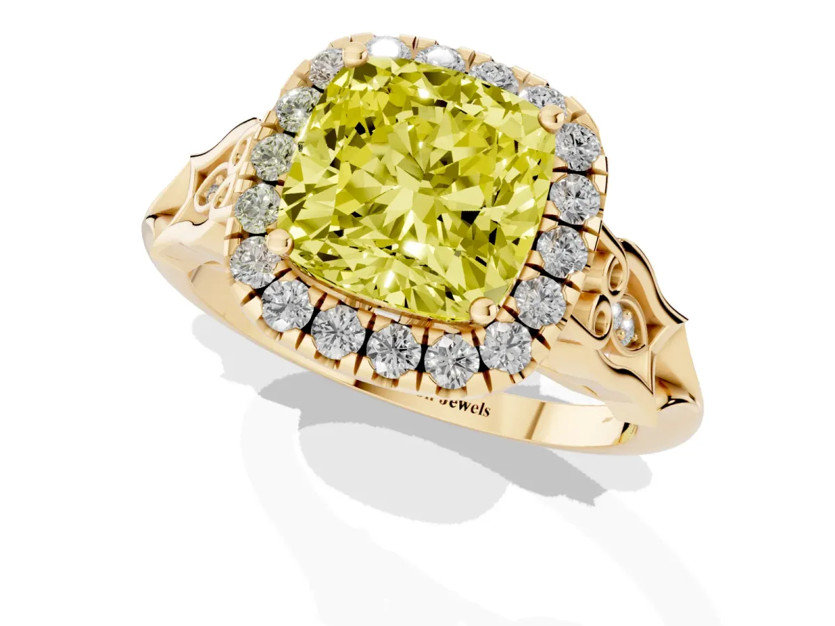 Fancy Yellow Cushion Cut Halo Diamond Engagement Ring with Filigree Band and Four-Prong Setting Yellow gold