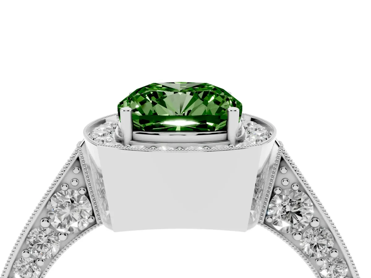 Fancy Green Cushion Cut Halo Diamond Engagement Ring with Split Shank Band and Four-Prong Setting Silver