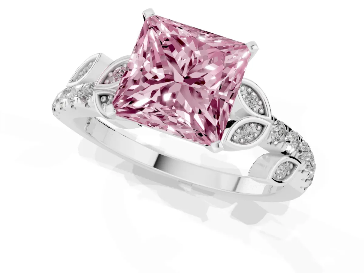 Fancy Pink Princess Cut Solitaire Leaf-Inspired Diamond Ring with Pavé Band and Four-Prong Setting Silver