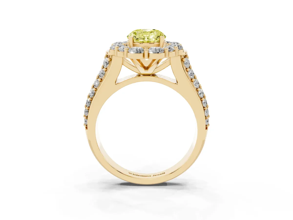 Fancy Yellow Oval Cut Halo Diamond Engagement Ring with Split Shank and Prong Setting Yellow gold