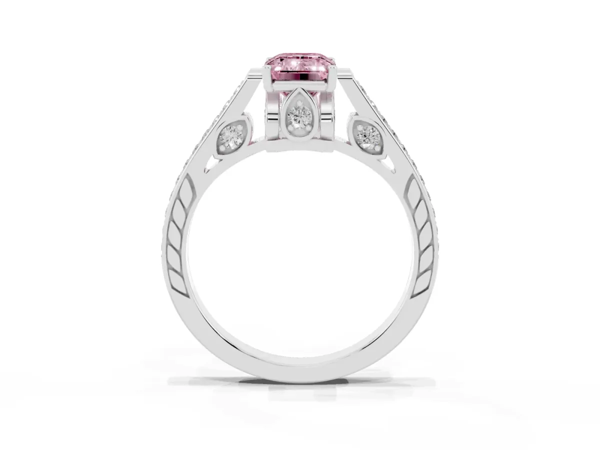 Fancy Pink Emerald Cut Cut Cathedral Pave Diamond Engagement Ring with Six-Prong Setting Silver