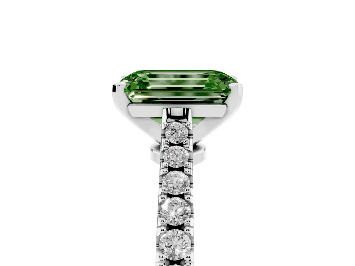 Fancy Green Emerald Cut Cut Solitaire Diamond Engagement Ring with Pave Band and Four-Prong Setting Platinum