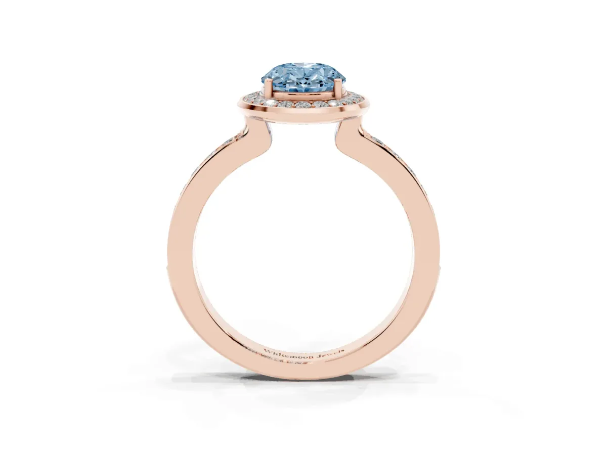 Fancy Blue Oval Cut Diamond Halo Ring with Bezel Frame and Pavé Band Rose gold