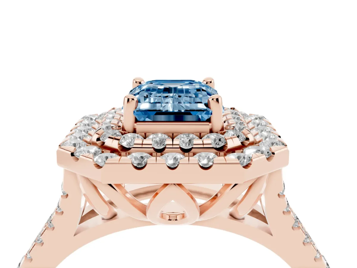 Fancy Blue Double Halo Emerald Cut Diamond Pavé Split Shank Ring with Prong Setting Rose gold