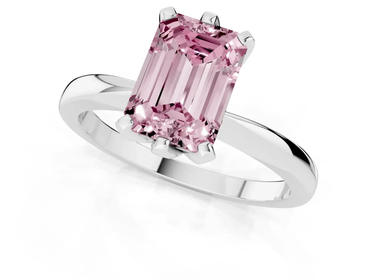 Fancy Pink Emerald Cut Solitaire Engagement Ring with Six-Prong Setting and Tapered Band Platinum