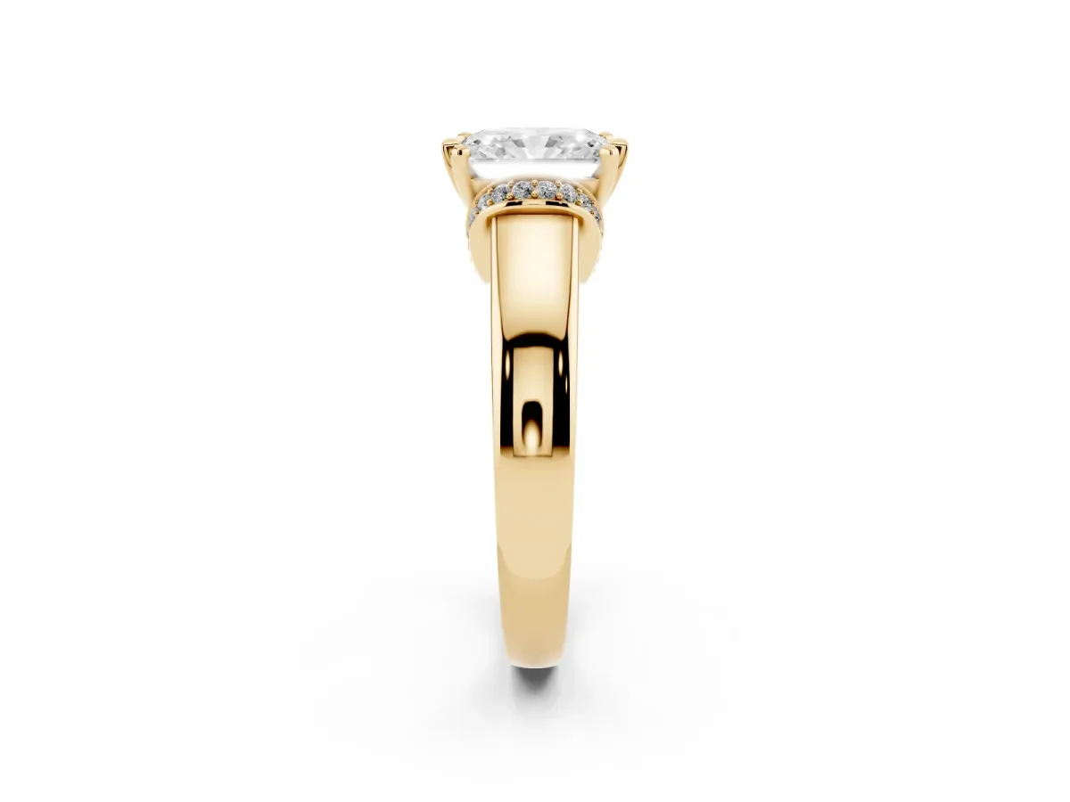 Radiant Cut Solitaire Diamond Ring with Pave Band and Six-Prong Setting Yellow gold