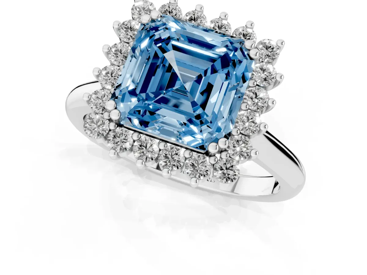 Fancy Blue Asscher Cut Cut Diamond Halo Ring with Solitaire Band and Prong Setting Platinum