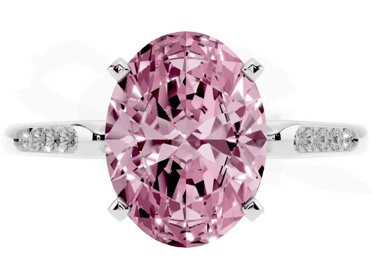 Fancy Pink Oval Cut Diamond Solitaire Ring with Channel Set Round Band and Prong Setting Silver
