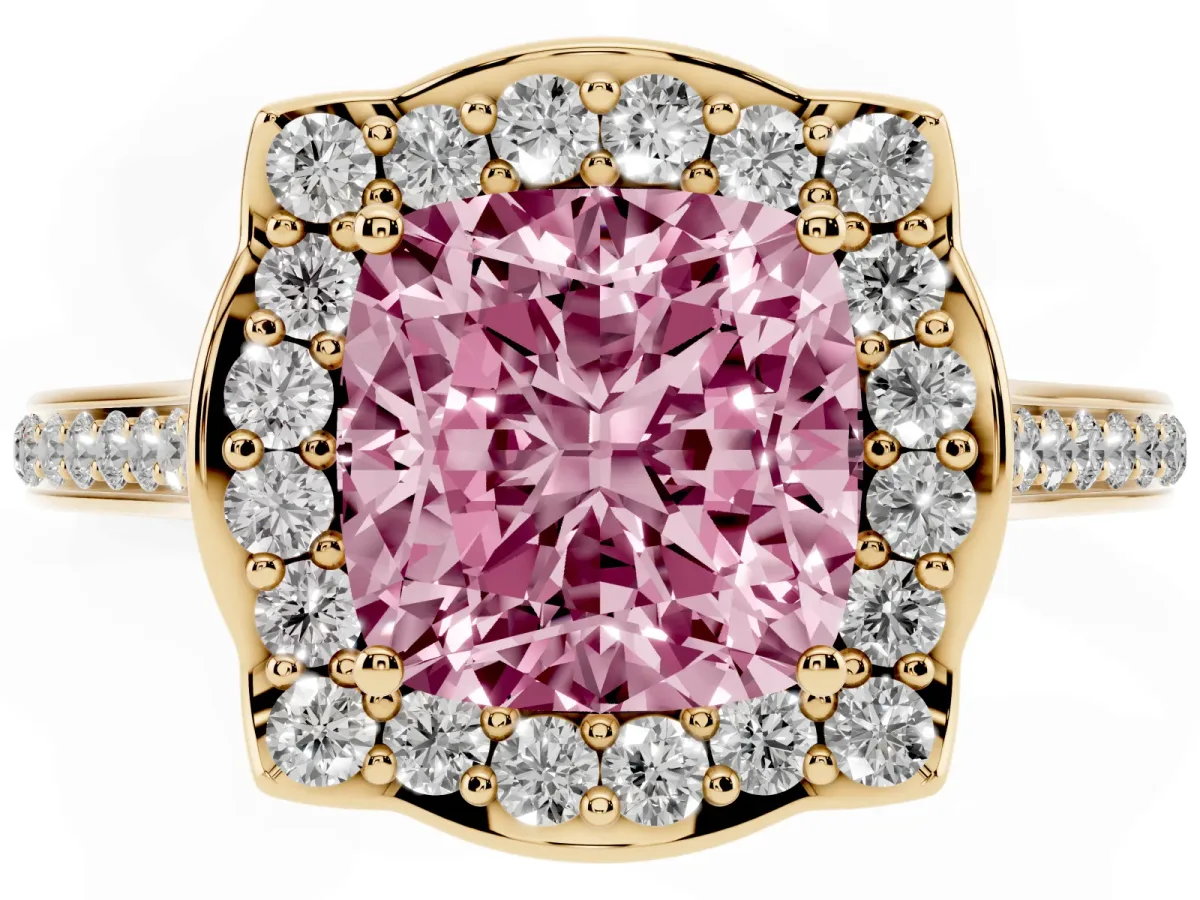 Fancy Pink Cushion Cut Halo Round Diamond Pave Band with Four-Prong Setting Yellow gold
