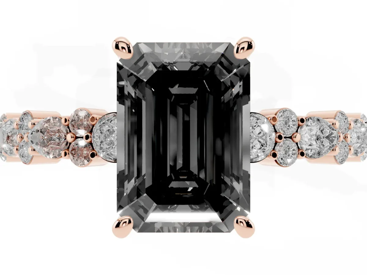 Fancy Black Emerald Cut Diamond Side Stone Solitaire Ring with Round and Four-Prong Setting Rose gold