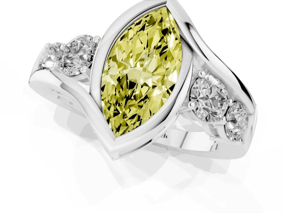 Fancy Yellow Bezel Set Marquise Cut Diamond Bypass Ring with Round Accents Silver