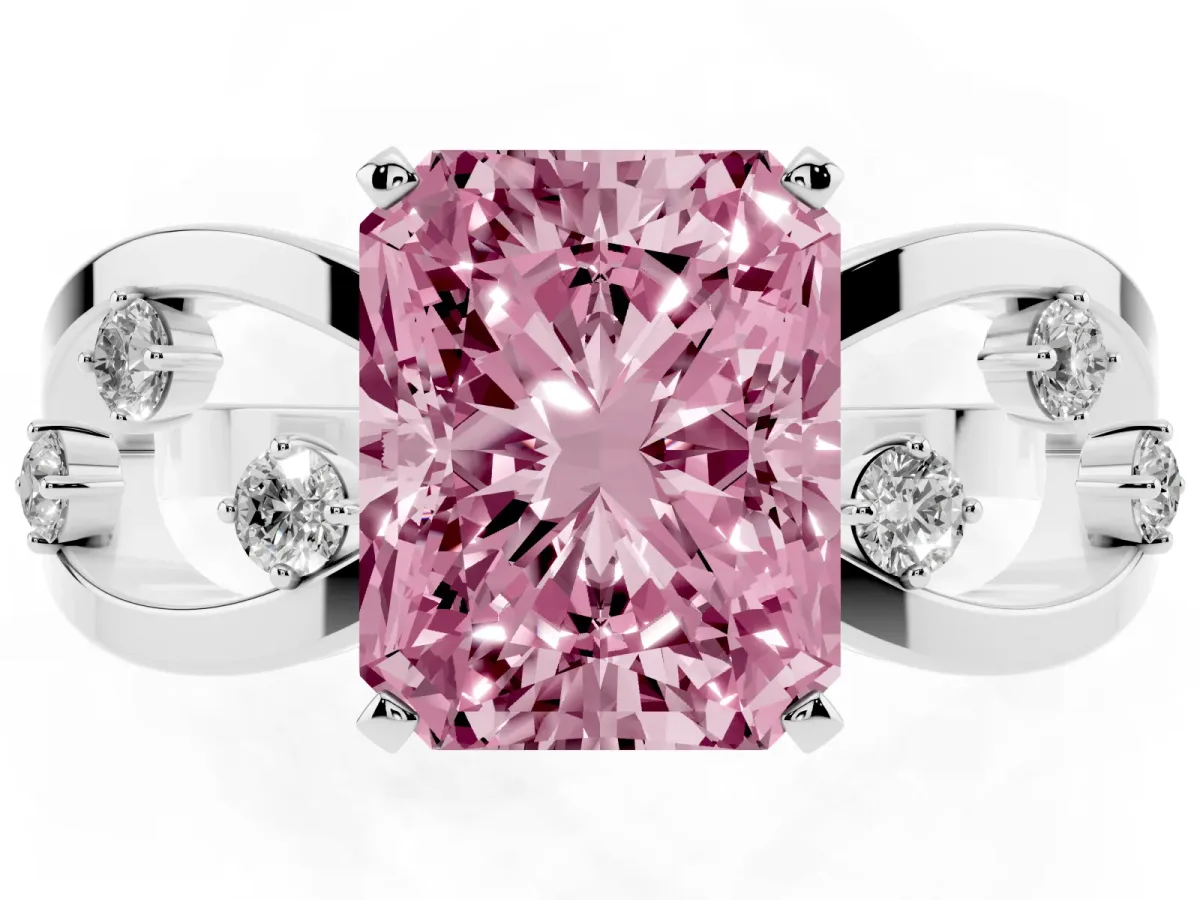Fancy Pink Radiant Cut Cut Solitaire Diamond with Side Stones on Criss-Cross Band and Four-Prong Setting Platinum