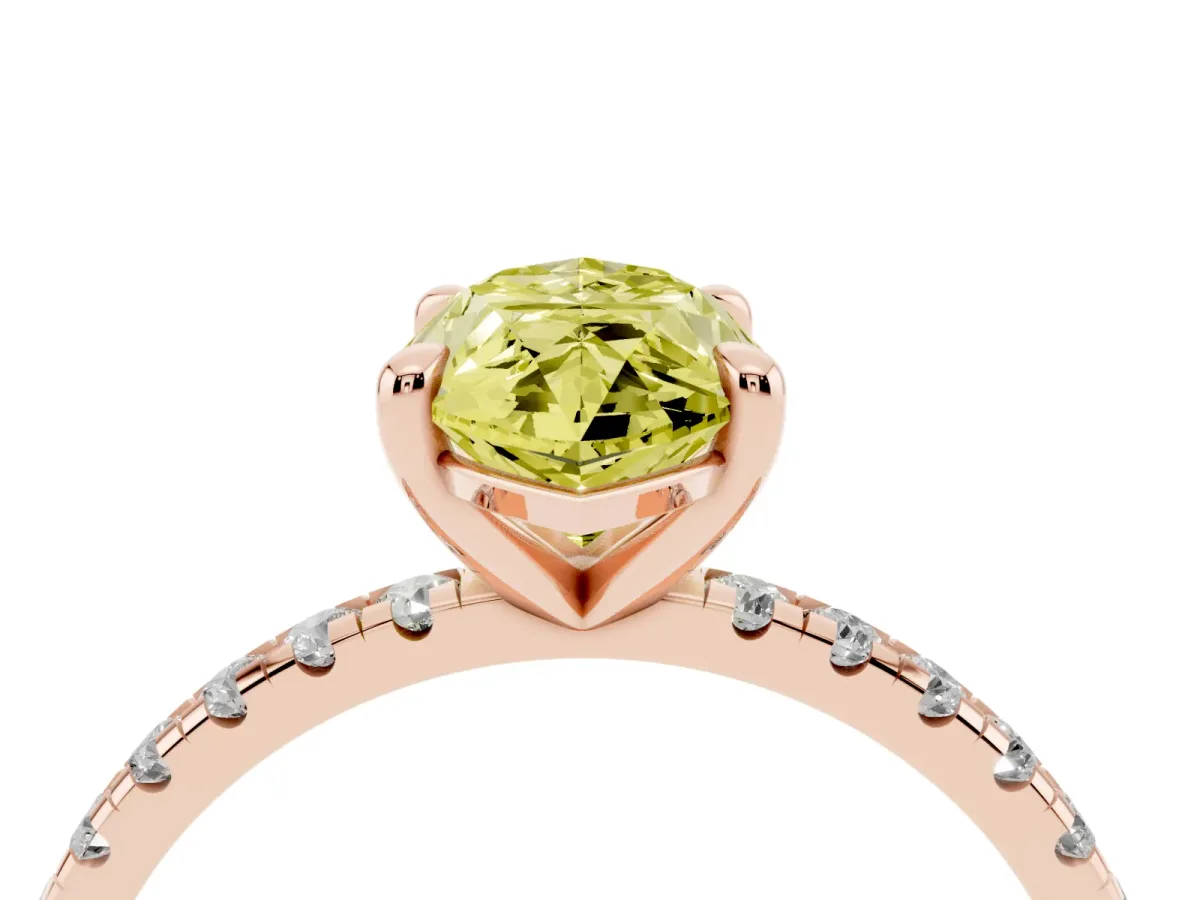 Fancy Yellow Marquise Cut Diamond Brilliant Solitaire Ring with Pavé Band and Four-Prong Setting Rose gold
