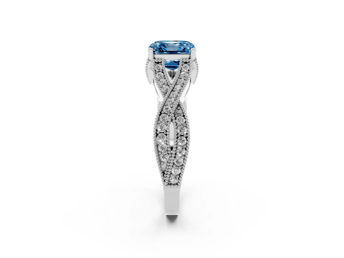 Fancy Blue Asscher Cut Cut Diamond Twisted Band with Milgrain Pave Setting and Four-Prong Setting Silver
