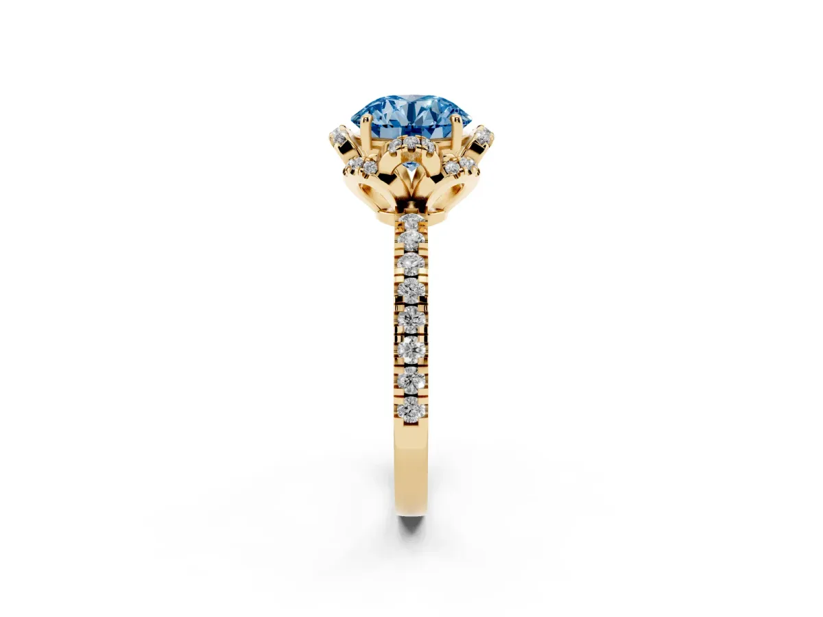 Fancy Blue Round Cut Halo Diamond Pave Band Ring with Four-Prong Setting Yellow gold