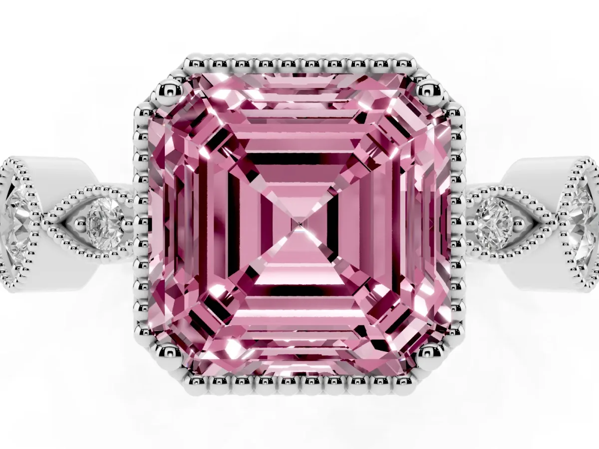 Fancy Pink Asscher Cut Diamond Vintage Milgrain Ring with Round Stations Platinum