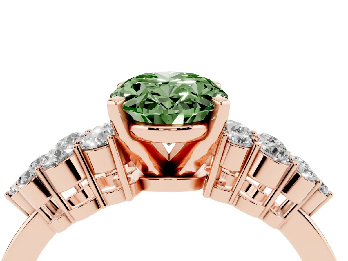 Fancy Green Oval Cut Cluster Diamond Engagement Ring with Pavé Band and Four-Prong Setting Rose gold