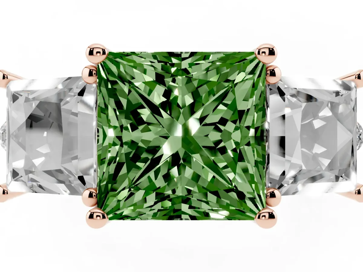 Fancy Green Three-Stone Princess Cut Diamond Ring with Round Pavé Band and Prong Setting Rose gold