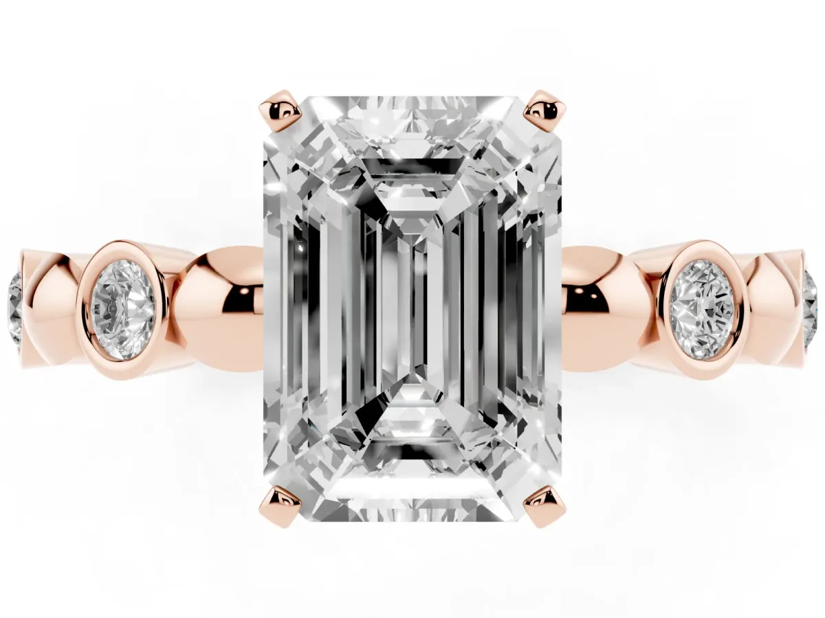 Emerald Cut Solitaire Bezel-Set Diamond Ring with Beaded Band and Four-Prong Setting Rose gold