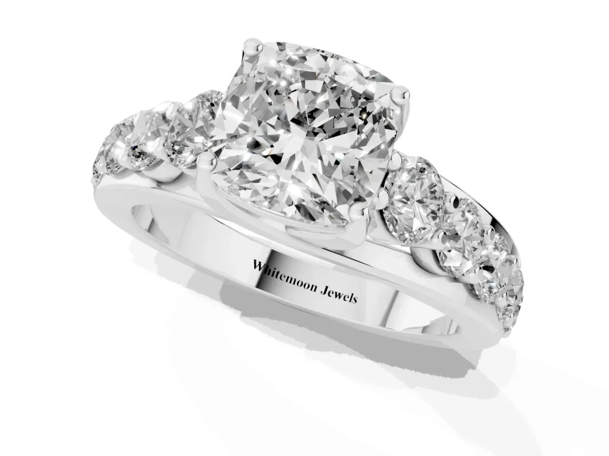Cushion Cut Diamond Engagement Ring with Pavé Band and Four-Prong Setting Silver
