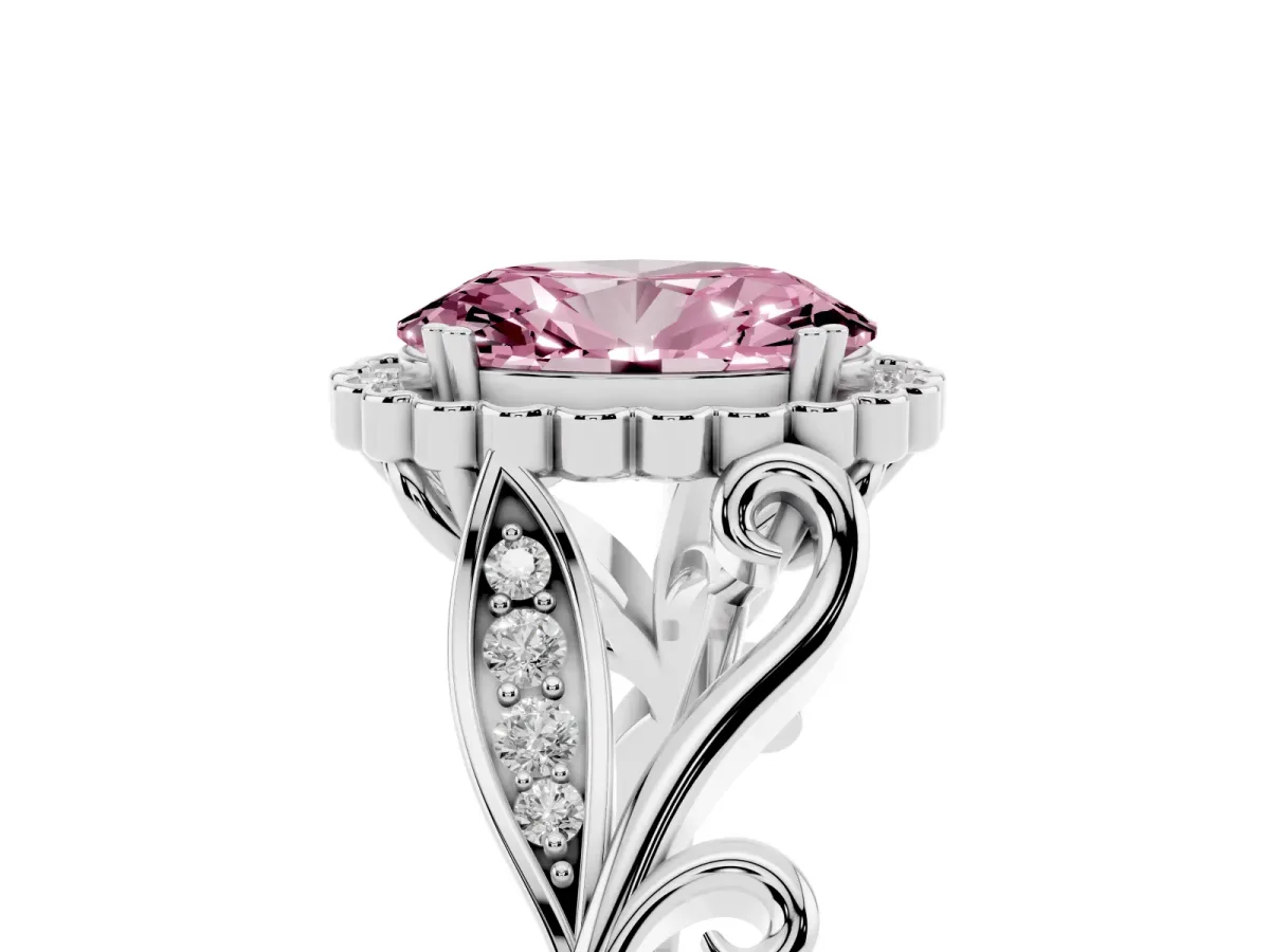 Fancy Pink Oval Cut Diamond Halo Ring with Vintage Split Shank and Four-Prong Setting Silver