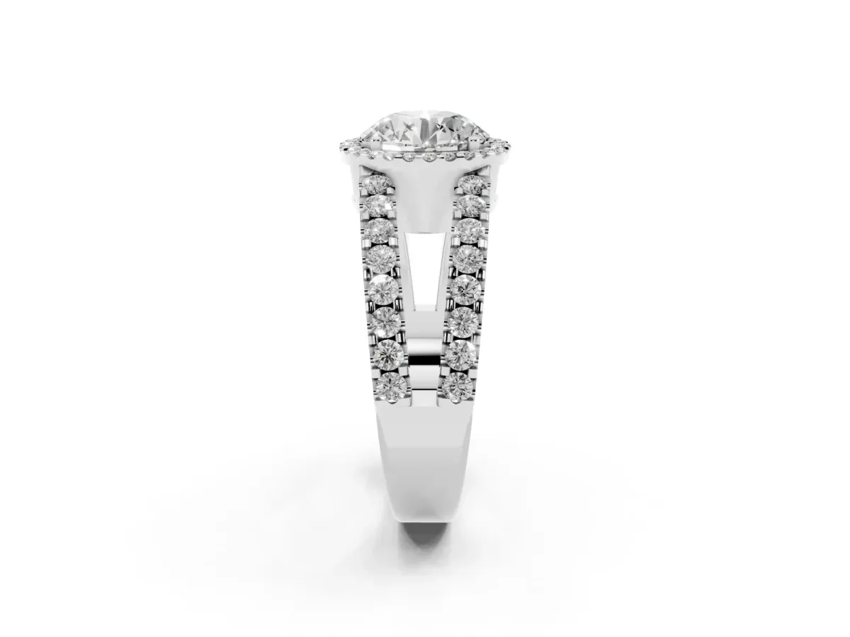 Round Cut Cut Halo Split Shank Diamond Ring with Four-Prong Setting Platinum