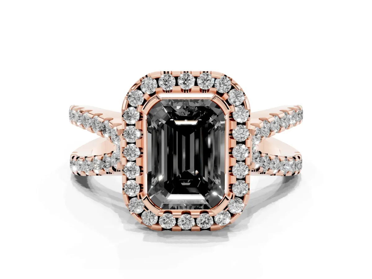 Fancy Black Emerald Cut Diamond Halo Ring with Split Shank Pavé Band and Prong Setting Rose gold
