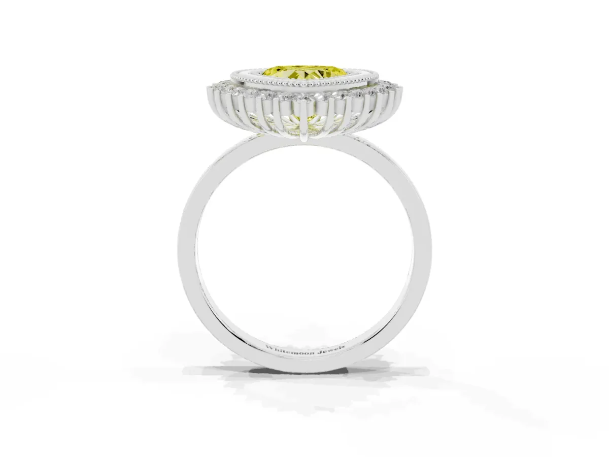 Fancy Yellow Heart Cut Halo Diamond Ring with Milgrain Edge and Round Prong Setting Silver