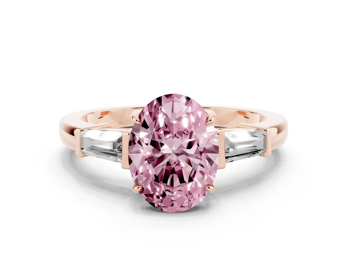 Fancy Pink Oval Cut Diamond Three-Stone Ring with Tapered Baguette Side Stones and Prong Setting Rose gold