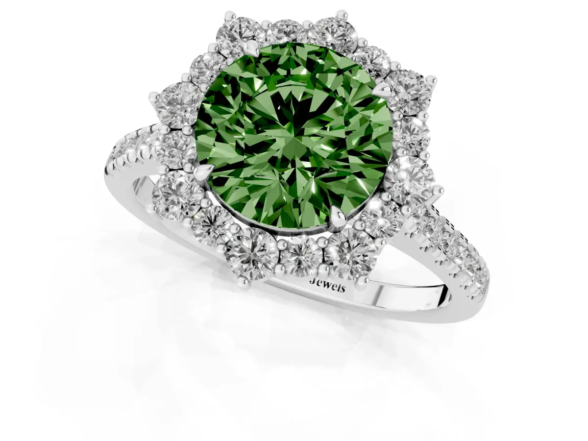 Fancy Green Round Cut Halo Diamond Ring with Pavé Band and Prong Setting Silver