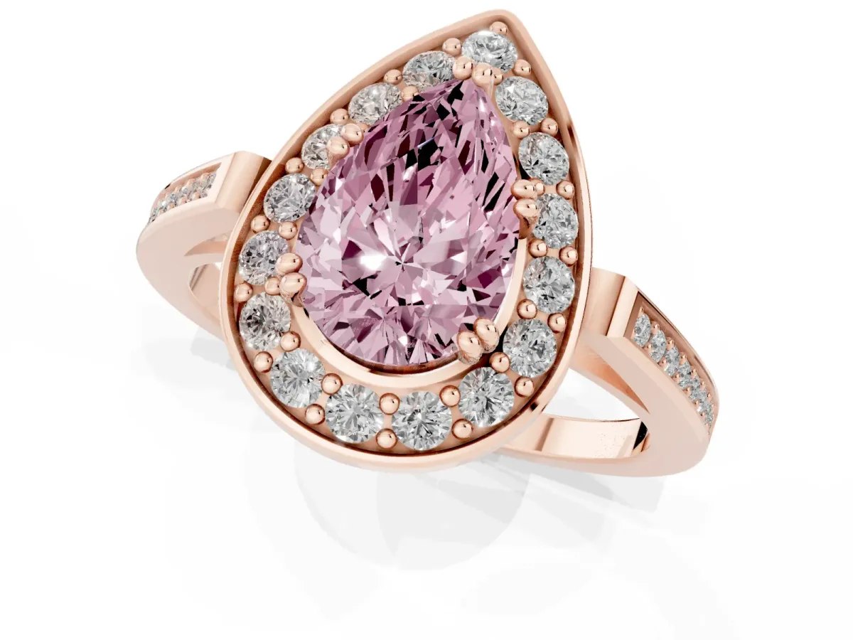 Fancy Pink Pear Cut Diamond Halo Ring with Split Shank and Four-Prong Setting Rose gold