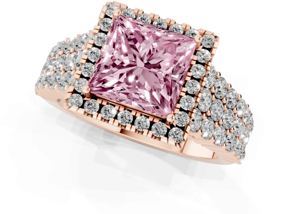 Fancy Pink Princess Cut Diamond Halo Engagement Ring with Triple Row Round Pavé Band and Prong Setting Rose gold