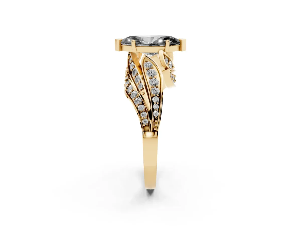 Fancy Black Marquise Cut Diamond Solitaire Ring with Prong Setting and Twisted Pavé Band Yellow gold