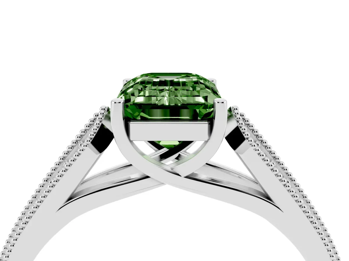 Fancy Green Emerald Cut Cut Pave Split Shank Engagement Ring with Four-Prong Setting Silver