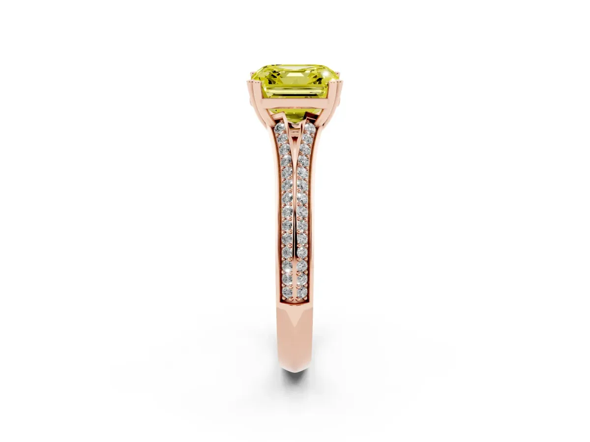 Fancy Yellow Asscher Cut Diamond Split Shank Engagement Ring with Pavé Band Rose gold