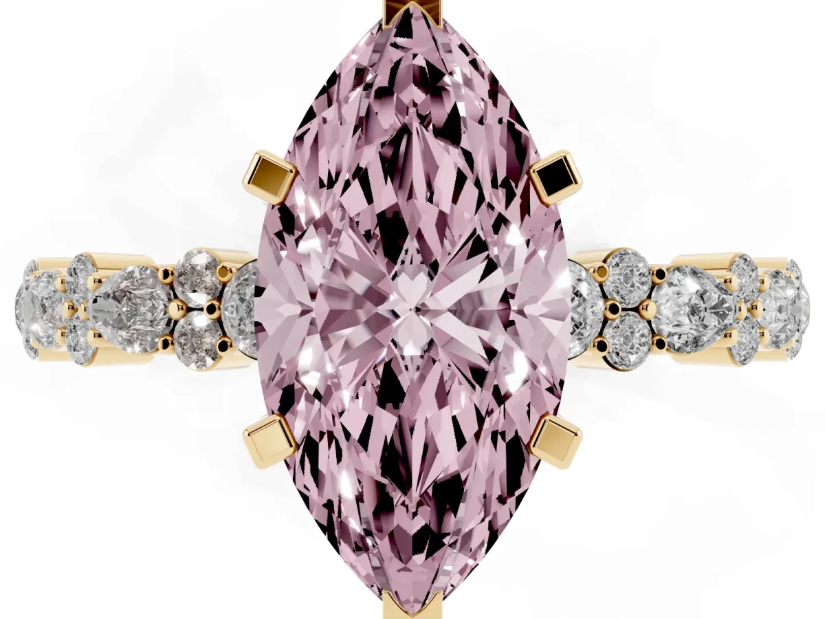 Fancy Pink Marquise Cut Diamond Side Stone Solitaire Ring with Round and Four-Prong Setting Yellow gold