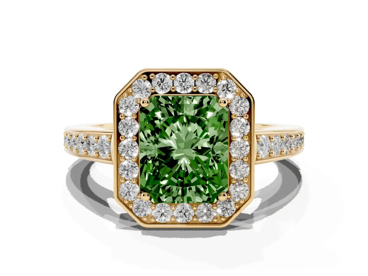 Fancy Green Radiant Cut Halo Pavé Diamond Engagement Ring with Bezel Setting Yellow gold