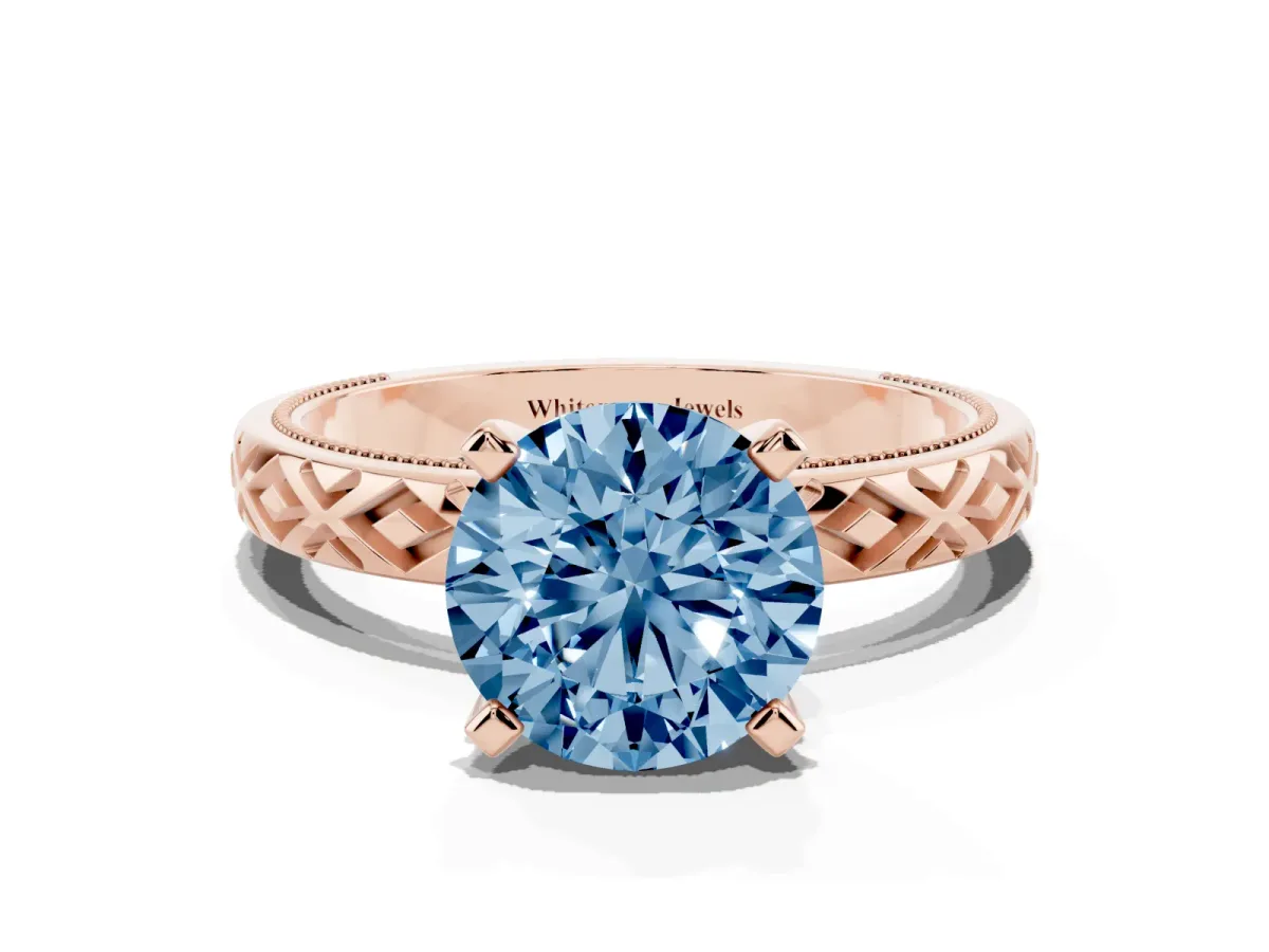Fancy Blue Round Cut Solitaire Diamond Ring with Milgrain and Black Enamel X Pattern Band Rose gold