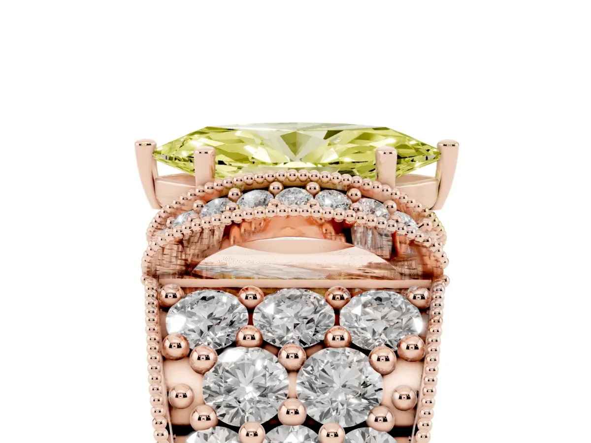 Fancy Yellow Marquise Cut Halo Pave Diamond Engagement Ring with Milgrain Detailing Rose gold