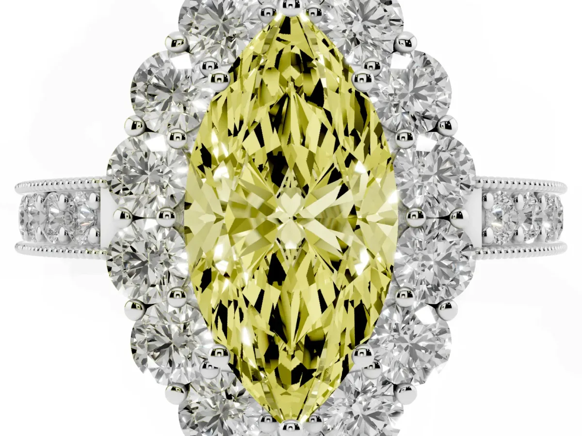 Fancy Yellow Marquise Cut Cut Halo Diamond Pavé Engagement Ring with Milgrain Detailing White gold