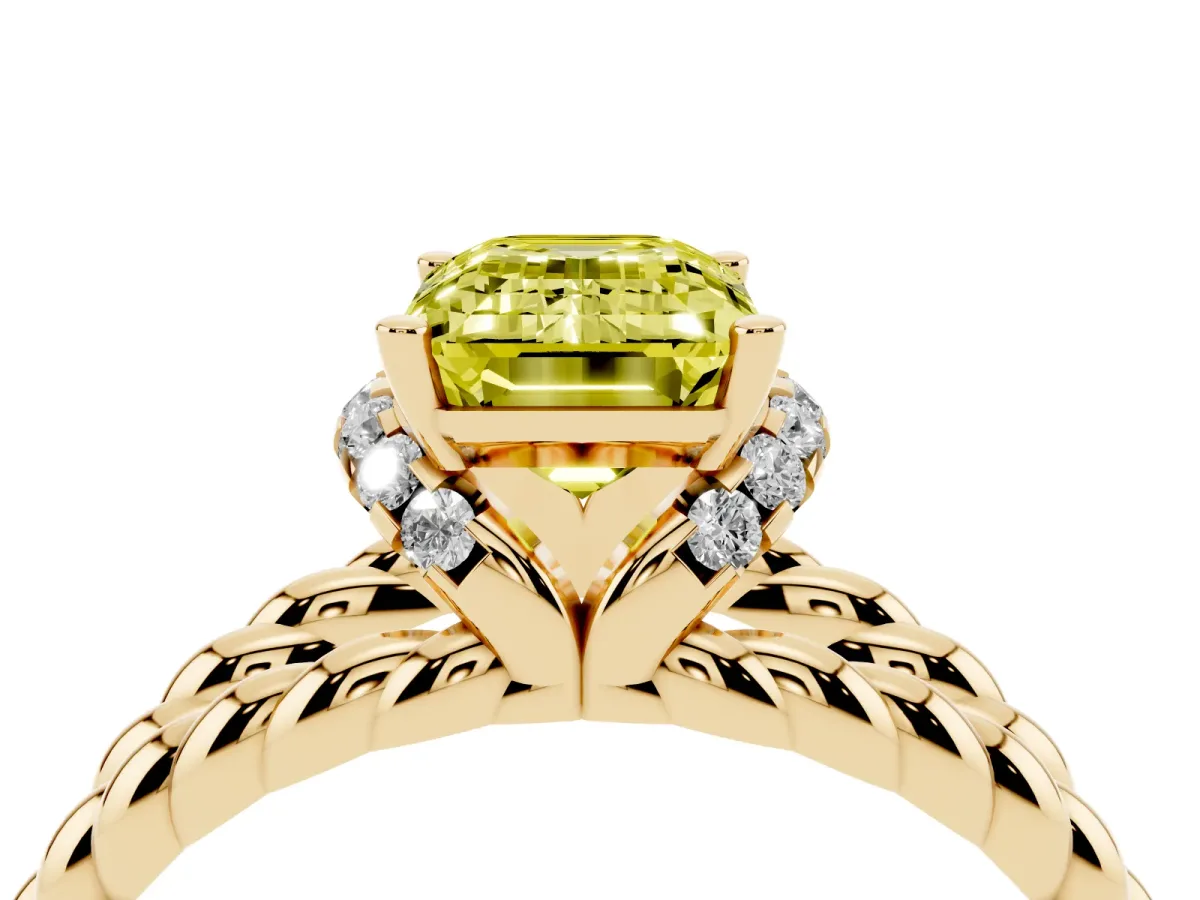 Fancy Yellow Emerald Cut Halo Twisted Band Four-Prong Ring Yellow gold