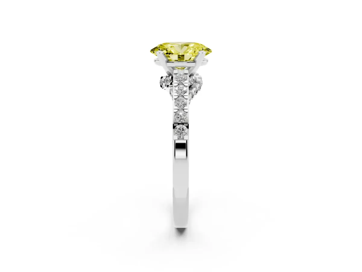 Fancy Yellow Oval Cut Diamond Solitaire Ring with Crossover Gallery and Round Pavé Band Silver