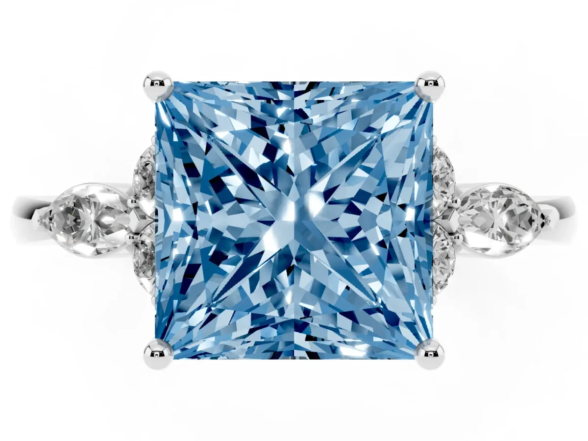 Fancy Blue Princess Cut Brilliant Diamond Solitaire Ring with Pear Side Stones and Four-Prong Setting Silver