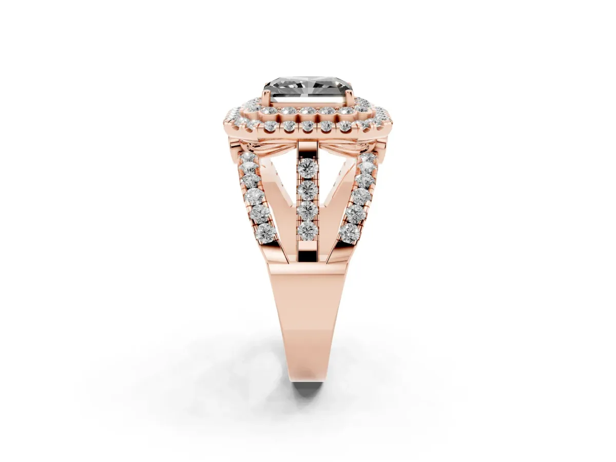 Fancy Black Radiant Cut Diamond Double Halo Ring with Round Pavé Split Shank and Prong Setting Rose gold