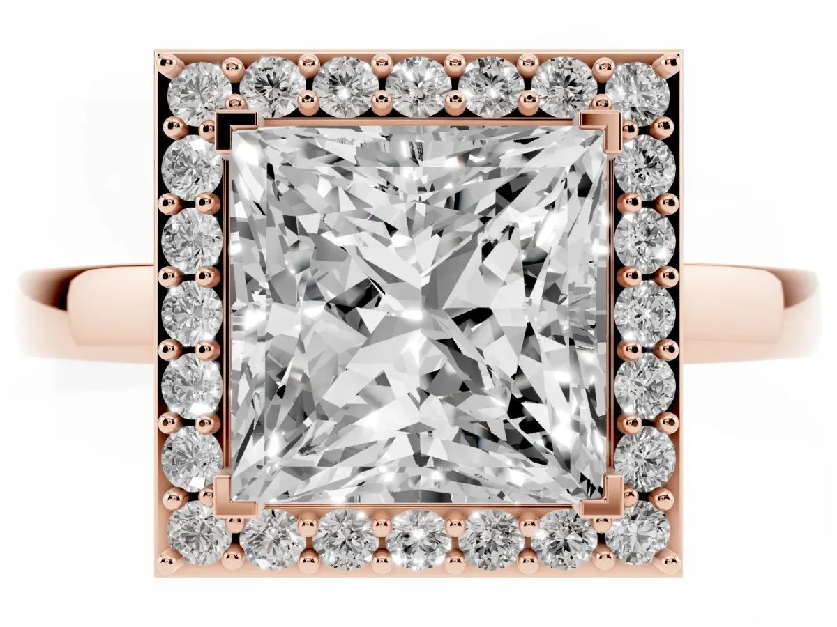 Princess Cut Halo Diamond Ring with Solitaire Band and Prong Setting Rose gold