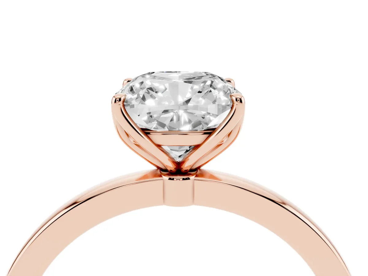 Cushion Cut Diamond Solitaire Ring with Thin Band and Prong Setting Rose gold