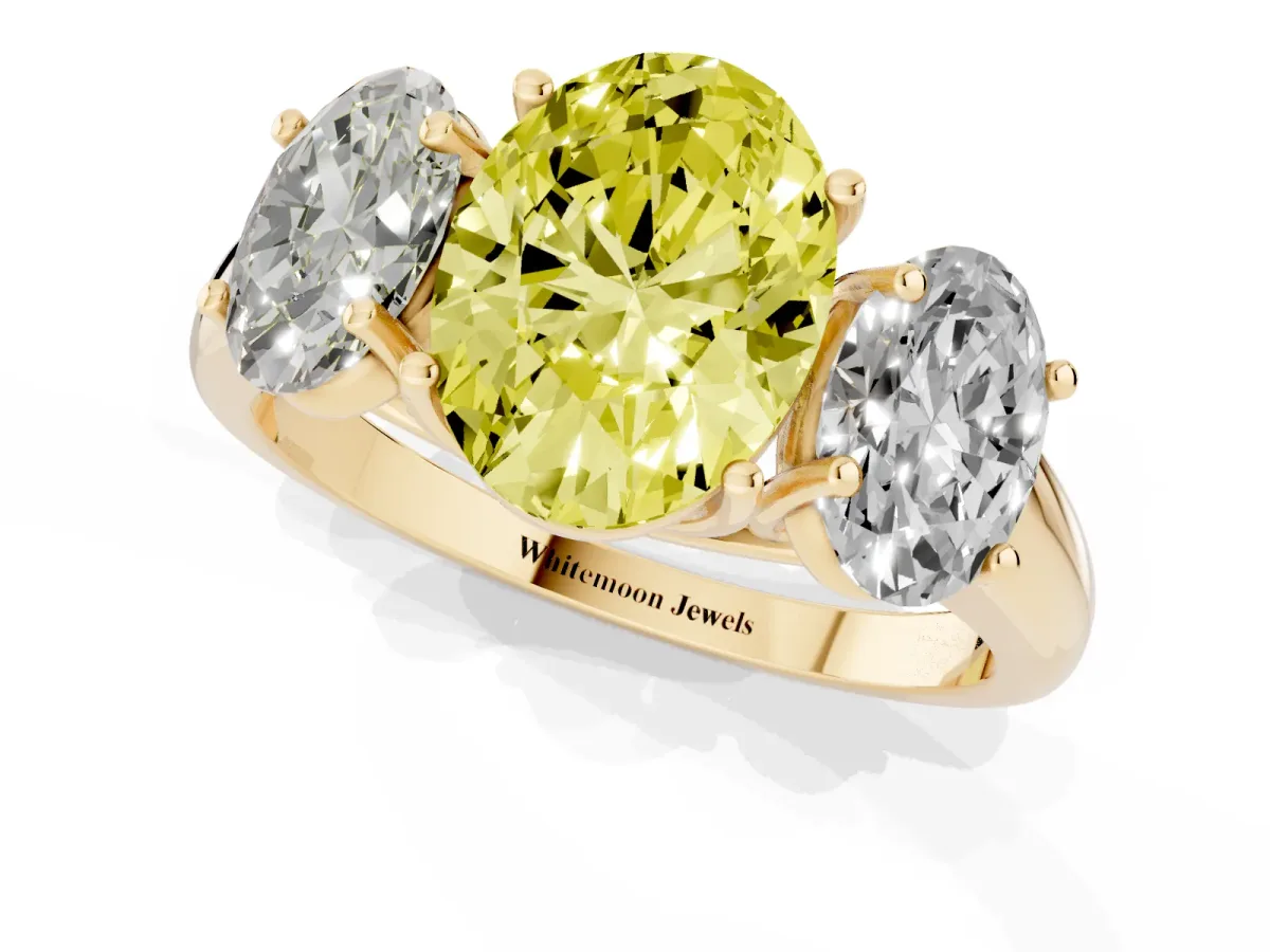 Fancy Yellow Three-Stone Oval Cut Diamond Engagement Ring with Prong Setting Yellow gold