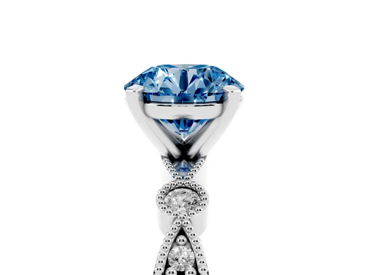 Fancy Blue Round Cut Milgrain Bezel Diamond Engagement Ring with Solitaire Prong Setting Platinum
