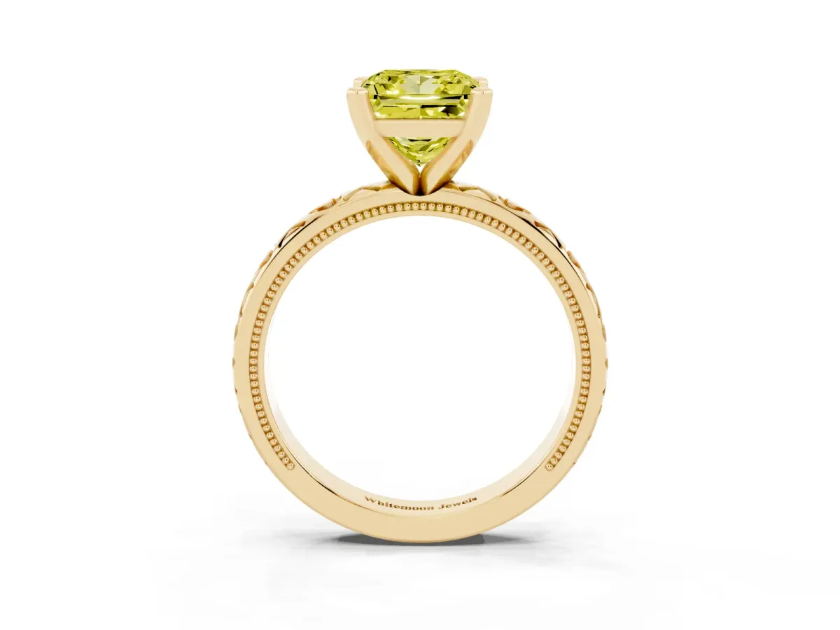 Fancy Yellow Princess Cut Solitaire Diamond Engagement Ring with XO Engraved Band and Four-Prong Setting Yellow gold